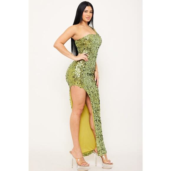 Moss Green Sequins One Shoulder Maxi Dress - Picture 2 of 4